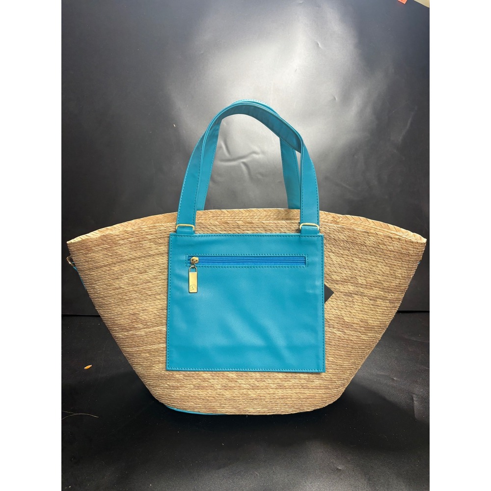 By Del Rio Woven‎ Straw Tote Bag Turquoise Blue Trim Crossbody Strap Sustainable - Picture 2 of 8